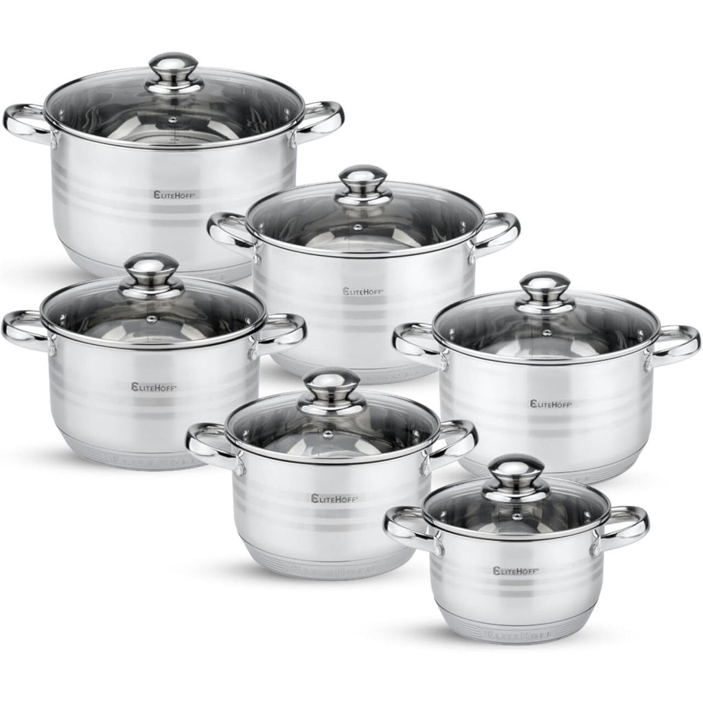 Conjunto de Panelas Premium em Aço Inoxidável – 12 Peças com Tampas para Indução, Gás, Placa Elétrica e Vitrocerâmica