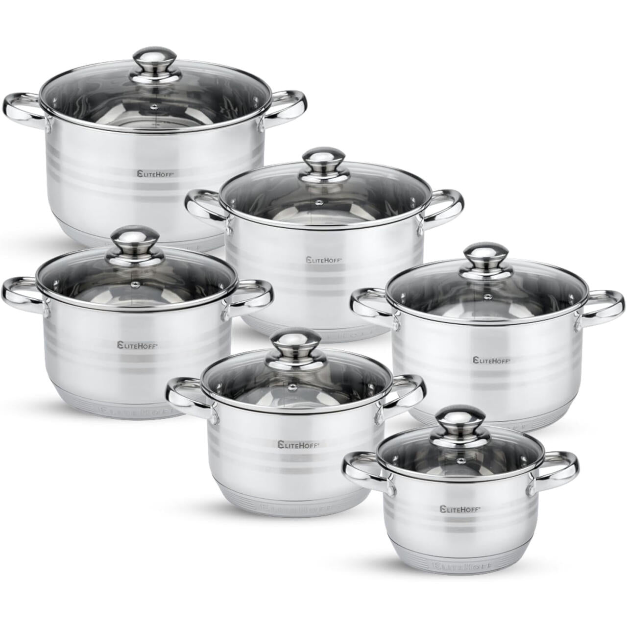 Conjunto de Panelas Premium em Aço Inoxidável – 12 Peças com Tampas para Indução, Gás, Placa Elétrica e Vitrocerâmica