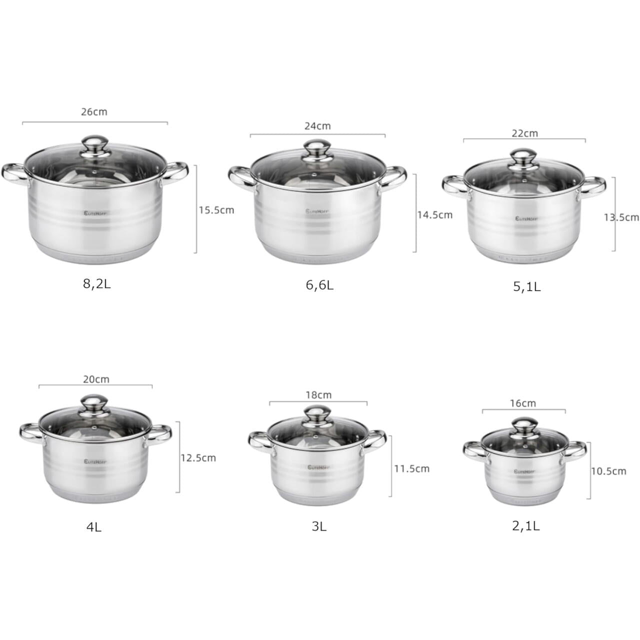 Conjunto de Panelas Premium em Aço Inoxidável – 12 Peças com Tampas para Indução, Gás, Placa Elétrica e Vitrocerâmica