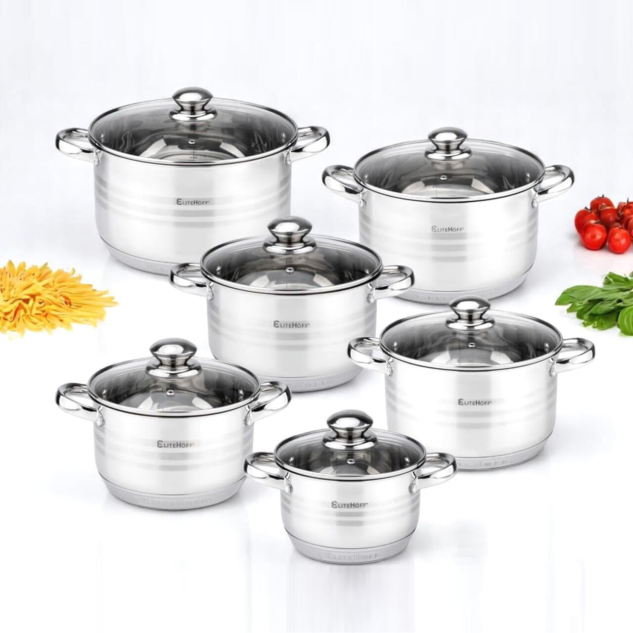 Conjunto de Panelas Premium em Aço Inoxidável – 12 Peças com Tampas para Indução, Gás, Placa Elétrica e Vitrocerâmica